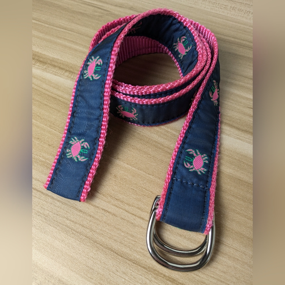 Leather Man Pink and Blue Belt with  Embroidered Crabs Large